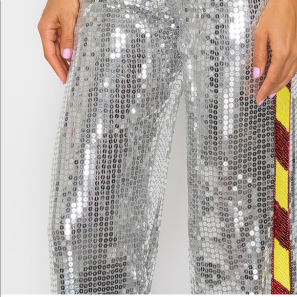 π₯2x HPπ₯Silver Sequin Hazard Stripe Palazzo Pants - Picture 6 of 9